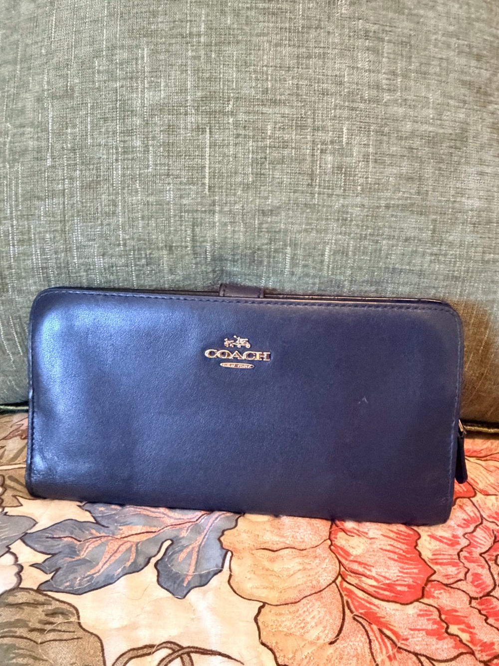 Coach Navy Leather Zip Wallet with Gold Logo
